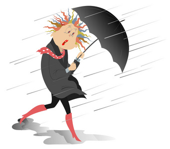 强风, 雨和妇女与伞隔绝的例证。动画片妇女设法保护自己免受强风和雨使用伞查出的例证