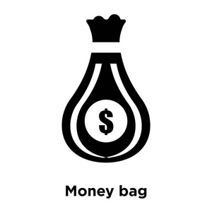 孤立的白色背景, 标志概念的钱袋标志在透明的背景, 填充黑色符号照片