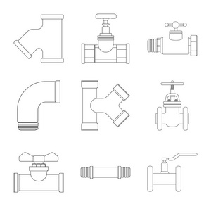 管道和管的孤立对象图标。用于 web 的管道和管线库存符号的收集
