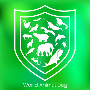 世界动物日。10月4日。生态假日的概念。盾牌内动物剪影