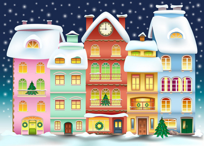 圣诞小镇图。冬天风景的童话房子