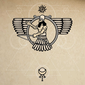 背景-仿旧纸张古代亚述翅神.苏美尔神话的字符.