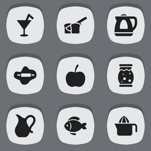 设置9个可编辑的烹饪图标。包括果酱罐面包鱼等符号。可用于 web移动Ui 和图表设计