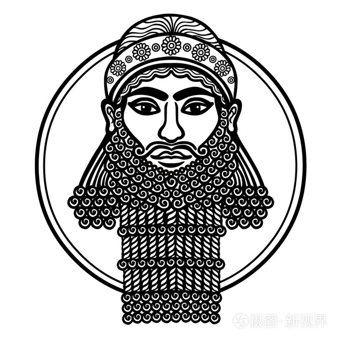 亚述人的肖像.苏美尔神话的字符.在白色背景上孤立