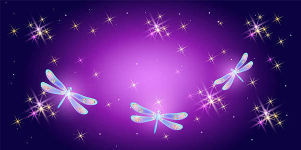 梦幻般的魔法背景与宇宙闪耀的星星和神话般的蜻蜓