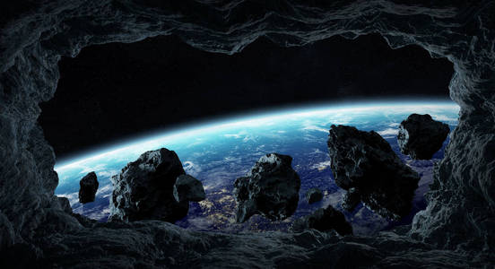 黑暗小行星飞行接近行星地球视图从洞穴3d 渲染元素的这个图像由 Nasa 提供
