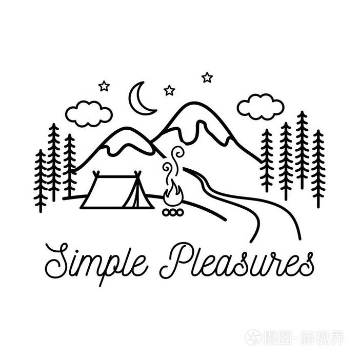 美丽的简约矢量插画-在森林中露营