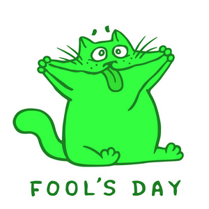 卡通肥绿猫做一个疯狂的脸和显示舌头.4月1日假期.愚人节插画