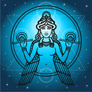 程式化的女神伊什塔尔.在蓝色的背景,恒星的天空的黑色剪影照片