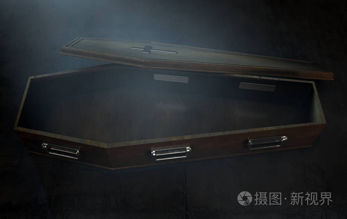 一个稍微开放的空木棺材与金属十字架和手柄在黑暗不祥的背景-3d 渲染