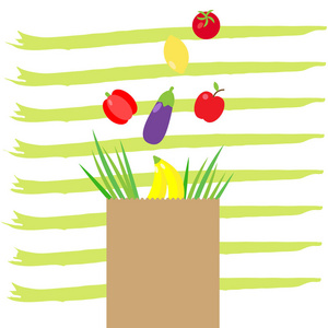 纸包装用新鲜健康的产品。农场里的有机产品。蔬菜, 水果, 沙拉和绿色袋