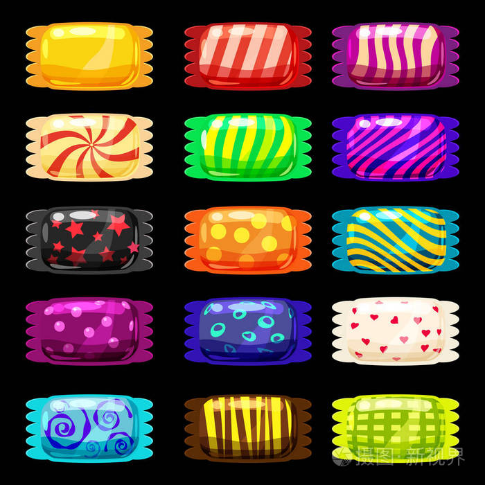 一组彩色糖果, 棒糖, 焦糖, 各种鲜艳的颜色.