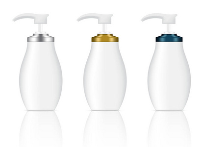 模拟逼真的白色, 金色, 金属和蓝色化妆品肥皂凝胶瓶设置背景插图
