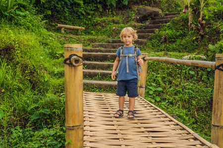 男孩行走在巴厘岛的编织竹桥图片