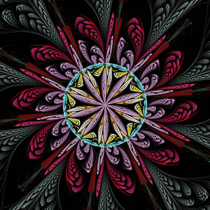 美丽对称分形曼荼罗, 花或圆, 数码艺术品为创意平面设计。计算机生成的图形