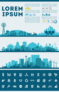 收集与镇, 城市, 农场和工业区与图表元素和产业图标
