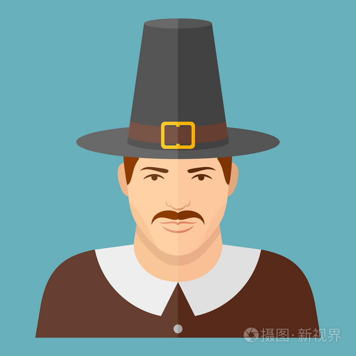 朝圣者在蓝色背景上的字符.人脸平面图标