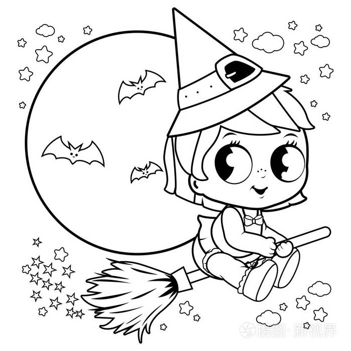 婴儿万圣节女巫在夜空中用扫帚飞翔.黑白着色书页