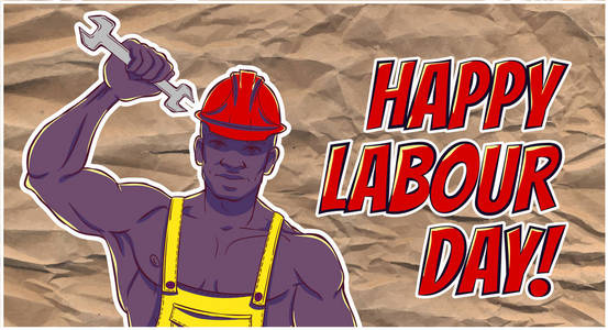 国际劳动节.五月的第一次.非洲裔美国人在用扳手工作服的插图照片