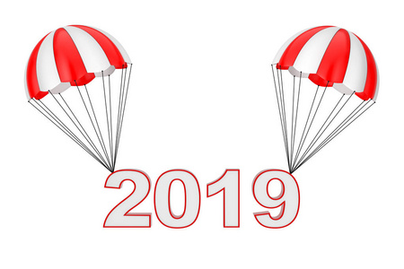 新年快乐2019号在降落伞上飞行的白色背景。3d 渲染