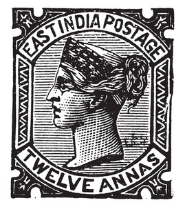 这张图片代表印度十二安纳斯邮票从 1876年, 复古线绘画或雕刻例证
