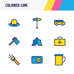 向量例证9个旅游业图标色的线。可编辑的医学, 闪光, 帐篷和其他图标元素集