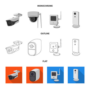 闭路电视和相机图标的孤立对象。网络中的闭路电视和系统股票符号集