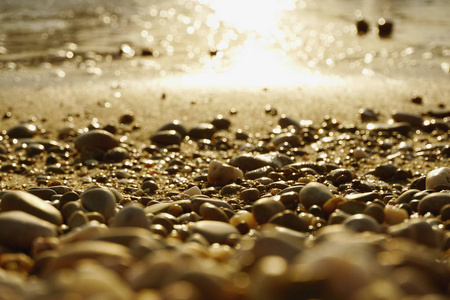 海卵石在黑海海岸与日落黄色白色模糊的背景和前景