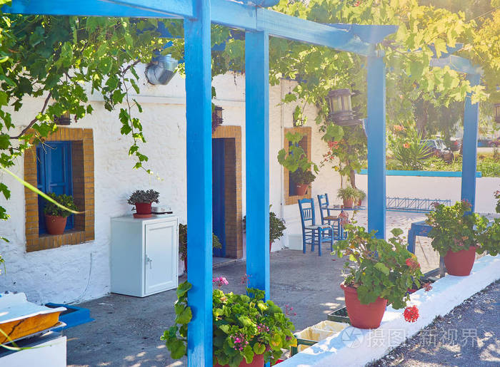 一个典型的门廊的希腊房子覆盖着葡萄藤。希腊南部爱琴海地区科斯岛