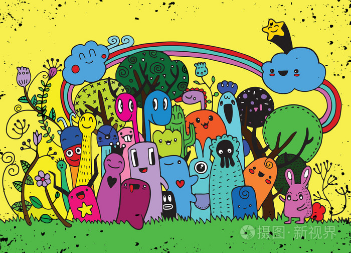 时髦手绘疯狂涂鸦怪物市绘画风格.vecto