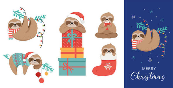可爱的树懒, 滑稽的圣诞插图与圣诞老人的服装, 帽子和围巾, 贺卡设置, 横幅