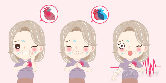 妇女与更年期和心脏疼痛问题在他粉红色背景