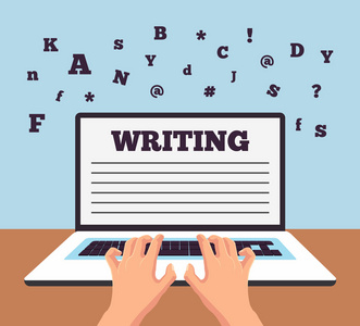 在笔记本电脑上打字的手.矢量平面卡通插画照片