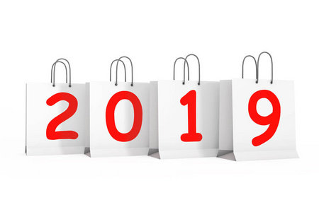 购物袋与2019新年标志在白色的背景。3d 渲染