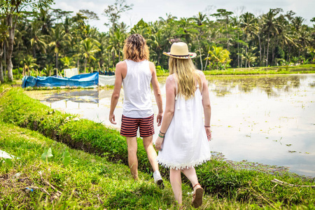 年轻的蜜月情侣在稻田里散步。newleds 的美丽之旅, 印尼巴厘岛。自然, 夏天, 绿色, 明亮