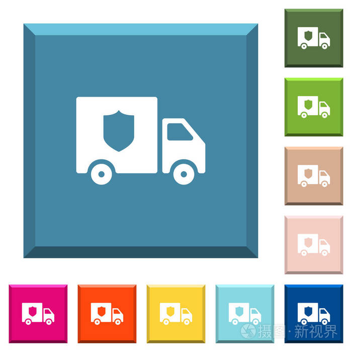 金钱送货员卡车白色图标, 在各种时髦颜色的边缘方形按钮