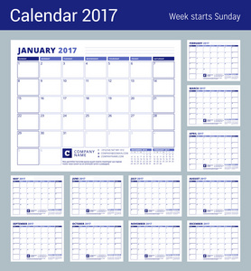2017 年的日历日程备忘录。周从星期日开始。蓝色的颜色主题。文具设计。组的 12 个月