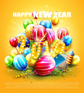 新年快乐 2019彩色礼品盒, 气球和派对帽在橙色背景传单