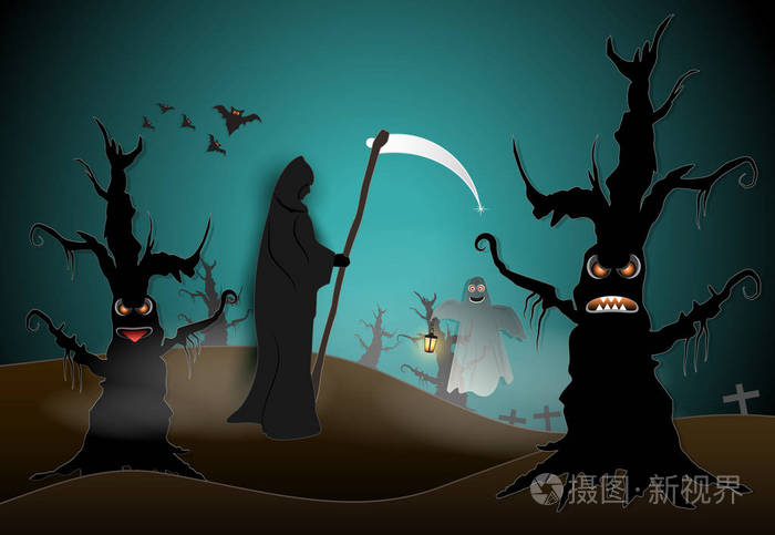 可怕的死神在墓地和黑暗的森林与幽灵和蝙蝠万圣节纸艺术背景, 剪纸