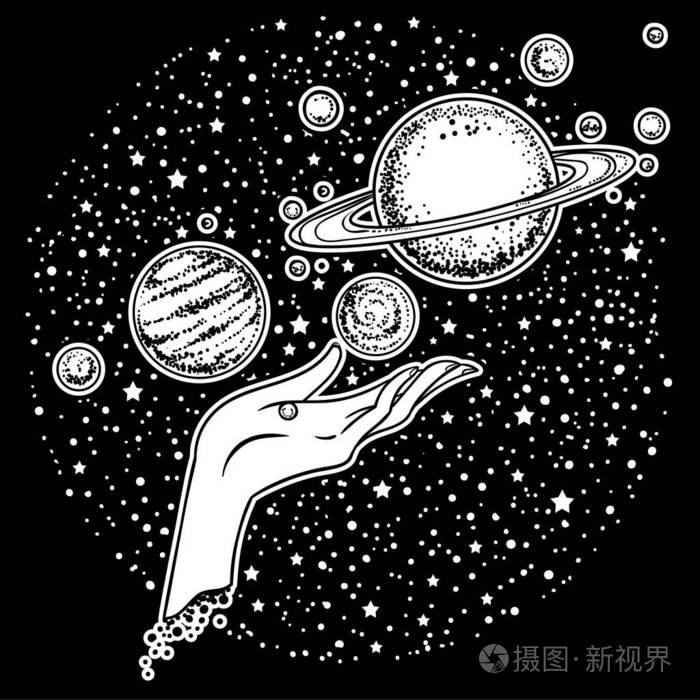 在宇宙背景下手持星星的手。矢量插图