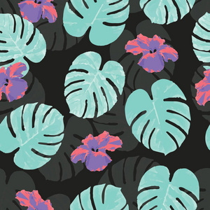 热带无缝模式与棕榈龟背竹的叶子和花