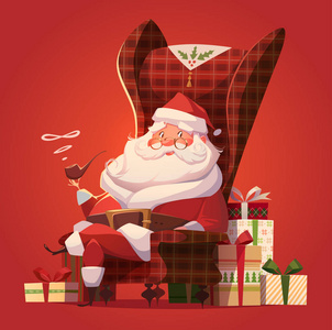 圣诞老人在椅子上。圣诞贺卡  背景  海报。矢量插图