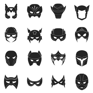 超级英雄的面具在黑色风格中设置图标。超级英雄面具矢量符号股票图大集合