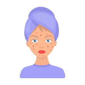 女子与痤疮图标在白色背景上孤立的卡通风格.