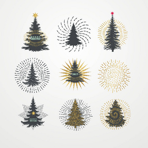 矢量图的不同圣诞树与星暴