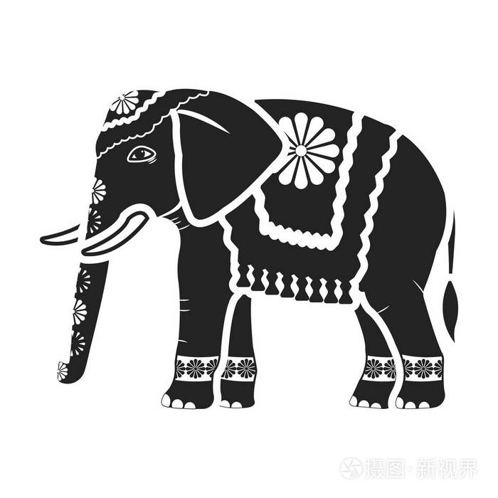 印度大象图标在孤立的白色背景上的黑色风格.印度象征股票矢量图