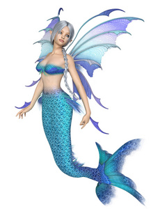 明亮的蓝色美人鱼仙女。银色头发的美人鱼仙女的幻想例证与明亮的蓝色尾巴和翼, 3d 数字渲染的例证