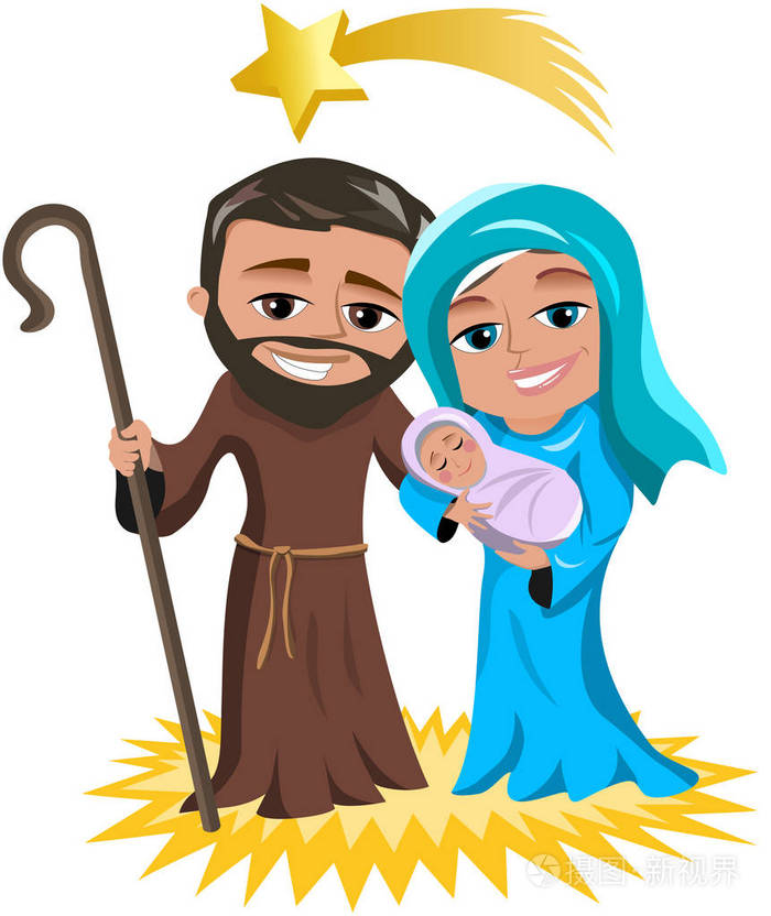 圣诞节圣诞场景与约瑟和马利亚抱着新生儿睡觉的耶稣分离