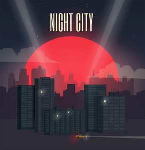 夜城城市景观。红月亮。矢量插图
