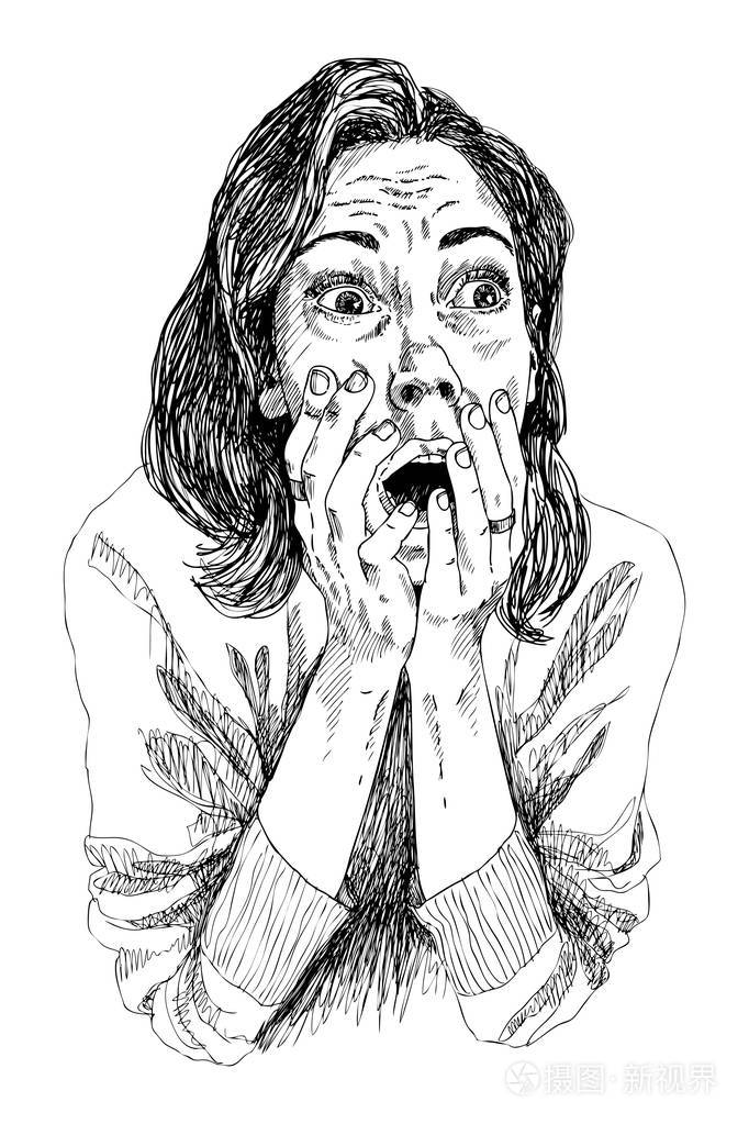 女人握着一只手靠近她的嘴.那个女孩很害怕.高详细手绘矢量图
